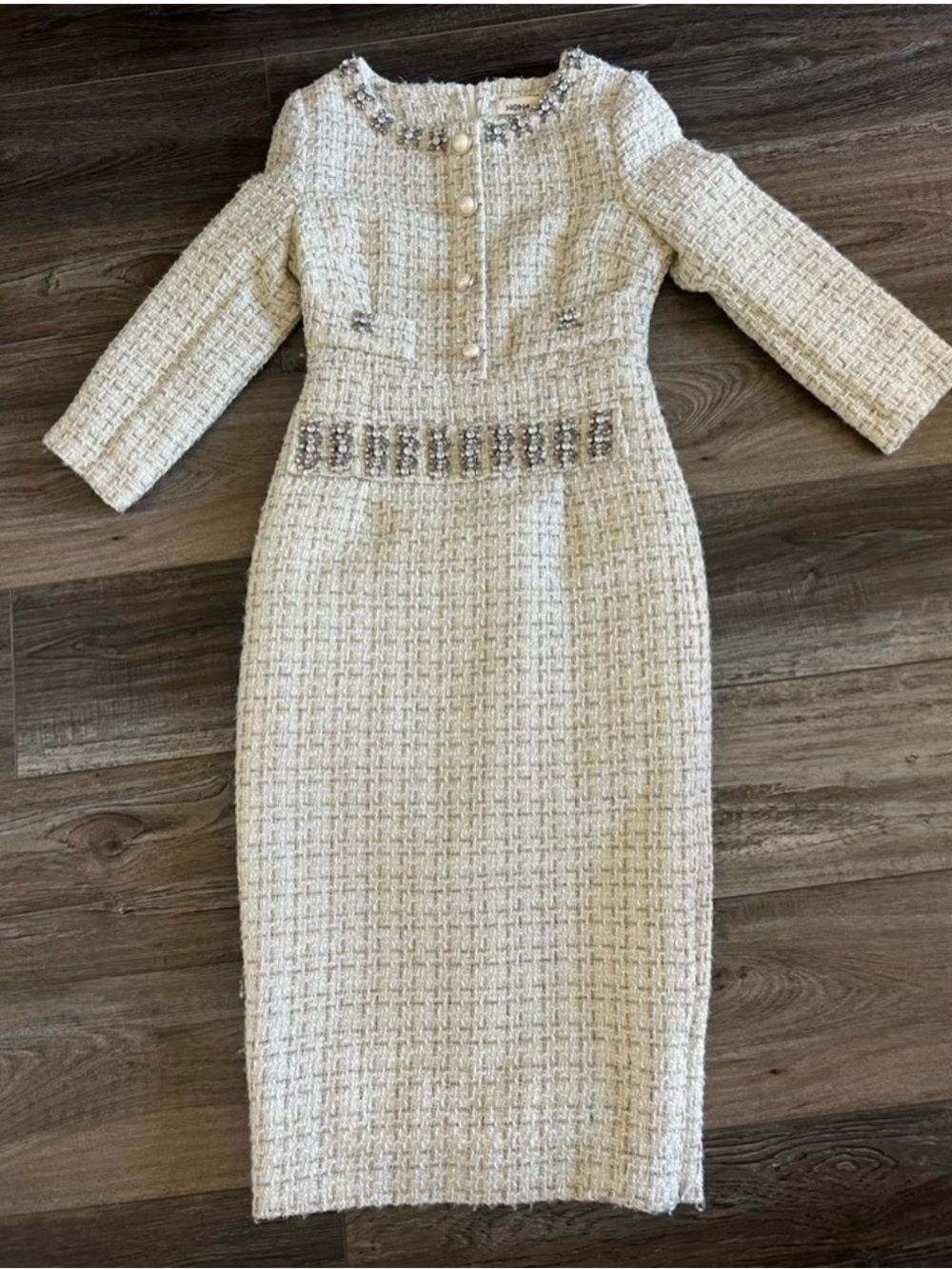 Rhinestone, pearl and tweed dress